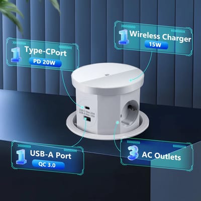 Aafinity Stekkerdoos - Stekkerdoos met USB - Inbouw Stekkerdoos - Tafelstopcontact – PD 20W USB-C, 15W Draadloze Oplader – 3-uitgangspunten - Wit