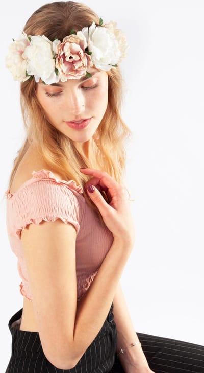 KIMU® Bloemenkrans Haar Pioenrozen Wit - Creme Lichtroze Bloemen Haarband Diadeem - Haaraccessoire Bloemetjes - Bloemenmeisje Bruiloft Festival