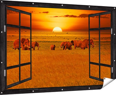 Gards Tuinposter Doorkijk Olifanten in het Wild - Zonsondergang - 180x120 cm - Tuindoek - Tuindecoratie - Wanddecoratie buiten - Tuinschilderij