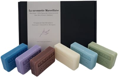 Soap bar set savon de marseille Fleur de lys, fleur de lotus, lavendel, vanille, aloe vera, chevrefeuille 6x125 gr.