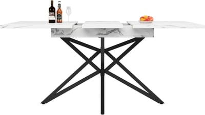 Wit Marmerlook MDF Uitschuifbare Eettafel Metalen Onderstel 120-160x80cm Voor 6-8 Personen
