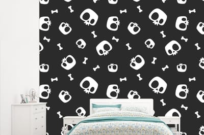 Behang - Fotobehang Patronen - Skull - Skelet - Bot - Jongen - Jongetje - Kinderen - Kids - Breedte 315 cm x hoogte 260 cm
