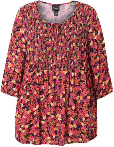 Ulla Popken - Dames - Gesmokte blouse patchprint A-lijn ronde hals 3/4-mouwen - Zwart - Maat 42+