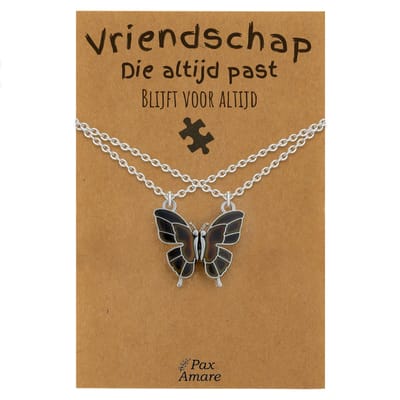 BFF Ketting voor 2 'Vriendschap die altijd past' - Vlinder VERANDERT VAN KLEUR - Vriendschapsketting op Cadeau Kaartje - 45cm + 5cm verstelbaar - Zilverkleurig - Best Friends Hanger - Pax Amare