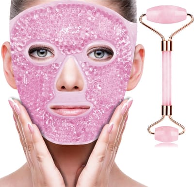 Tolvia Hot Cold Masker - Ice Face Mask & Jade Roller Set - Verkoelend Gezichtsmasker met Rozenkwarts Gezichtsroller - Herbruikbaar Gel Masker voor Gezicht, Ogen en Hals - Cooling Beauty Set