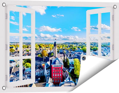 Gards Tuinposter Doorkijk Maastricht Stad met Huizen - 60x40 cm - Tuindoek - Tuindecoratie - Wanddecoratie buiten - Tuinschilderij