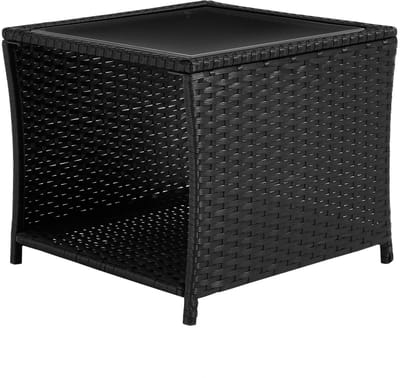 RosaBloom Polyrattan Tuintafel - Luxe Bijzettafel Buiten met Glazen Blad - Salontafel & Balkontafel met Open Opbergruimte - Zwart - 45x45x40 cm