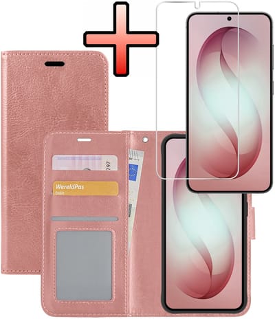 Hoesje - Met Screenprotector - Geschikt voor Samsung Galaxy S26 - Luxe Pasjeshouder - Bookcase Portemonee - Flip Case - Kunstleer Book Case - Flipcase - Book Cover - Walletcase - Portemonneehoes - Rosé goud