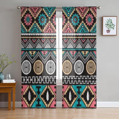 Kleur Etnisch Patroon Thema Kunst Tule Transparante Gordijnen voor Woonkamer de Kamer Slaapkamer Keuken Decoratie Voile Organza Gordijnen 135W x 114H(cm) black