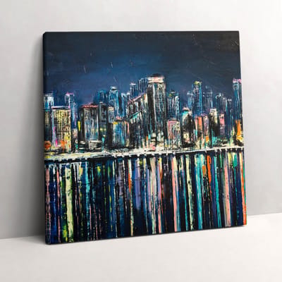 Wallfluent Foto Op Canvas Land van Bloemen - een fantasiestadje aan zee - 60 x 60 cm - Blauw Schilderijen Op Canvas Doek - Steden Canvas Foto - Imitatie van een olieverfschilderij Schilderij Op Doek - Steden Canvas Schilderij