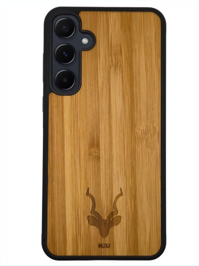 Kudu Samsung Galaxy A05s hoesje case - Houten backcover - Handgemaakt en afgewerkt met duurzaam TPU - Bamboe - Zwart