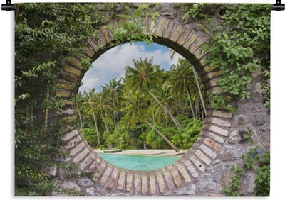 Wandkleed - Wanddoek - Doorkijk - Palm - Tropisch - Strand - zee - 120x90 cm - Wandtapijt