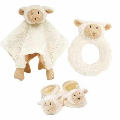 Baby cadeau setje rammelaar, baby slofjes en tuttel doekje van Lammy het lammetje - Happy Horse knuffels