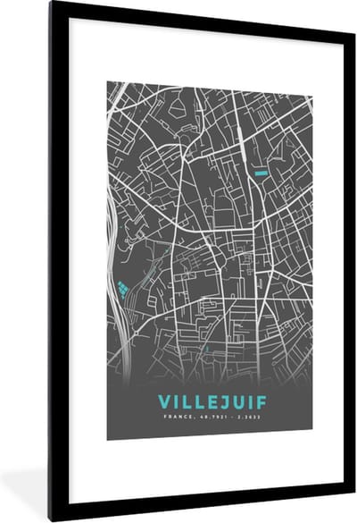 Fotolijst incl. Poster - Frankrijk – Plattegrond – Kaart – Villejuif – Stadskaart - 60x90 cm - Posterlijst
