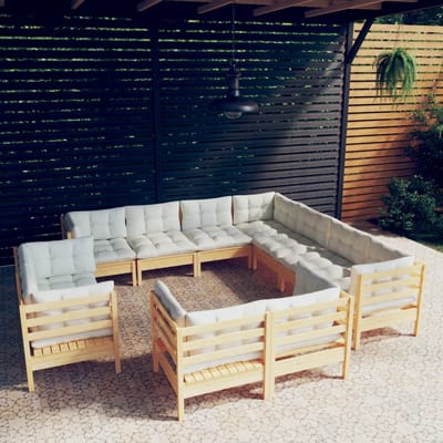 vidaXL - 11-delige - Loungeset - met - crèmekleurige - kussens - grenenhout