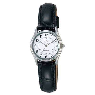 Q&Q VG69J304Y - Horloge - Analoog - Vrouwen - Dames - Leren band - Rond - Metaal - Zwart - Zilverkleurig - Wit - 3ATM