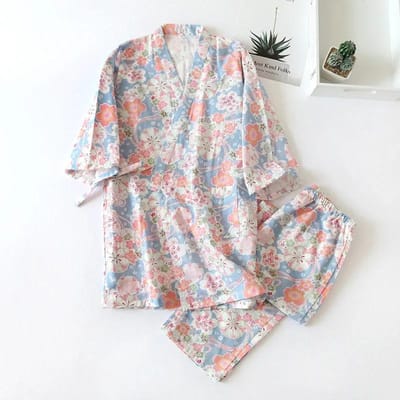 Nieuwe Zevenkwartsmouw Kimono Pyjama Set Dames Lente en Herfst 100% Katoen Gaas Huiskleding Schattig Lief Twee-p M