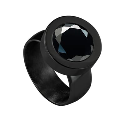 Quiges RVS Schroefsysteem Ring Zwart Glans 17mm met Verwisselbare Geslepen Zirkonia Zwart 12mm Mini Munt