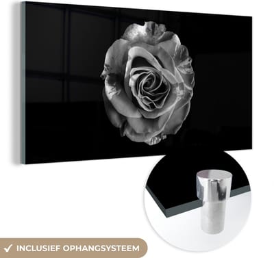 MuchoWow® Glasschilderij 120x60 cm - Schilderij acrylglas - Bloemen - Roos - Zwart - Wit - Botanisch - Foto op glas - Schilderijen
