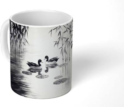 Mok - Koffiemok - Eenden - Waterlelies - Riet - Zwart - Mokken - 350 ML - Beker - Koffiemokken - Theemok