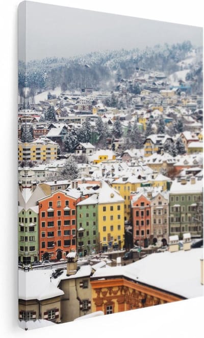Artaza Canvas Schilderij Skyline Winter - 30x40 cm - Klein - Muurdecoratie Stad - Wanddecoratie Bergen - Kamer Accessoires