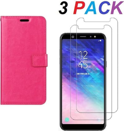 hoesje Geschikt voor: Samsung Galaxy J4 Plus 2018 Portemonnee roze met 2 stuks Glas Screen protector