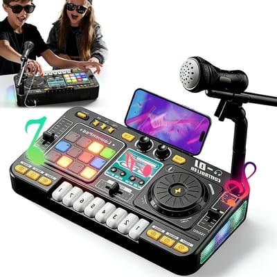 DJ Mixing Console voor Kinderen van 3 tot 10 Jaar met Microfoon, LED Lichten en 100+ Geluidseffecten - Perfecte DJ Controller en Speelgoed voor Beginners, Jongens en Meisjes