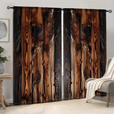Vintage Bruine Strepen Geprint Raamgordijn Voor Slaapkamer, Kantoor, Keuken, Woonkamer, Studeerkamer Stangzak Raambekleding Kwaliteit W65X60H(cm)X2Pcs&Grommet Top