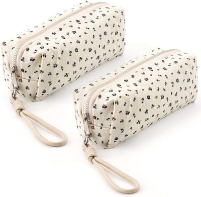 Set van 2 Pennen Etuis voor School en Kantoor met Rits en Polsbandje - Bloemenpatroon, Ideaal als Make-up Tas en Portemonnee voor Meisjes, Blauw