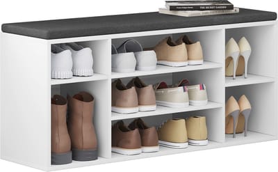 Bolt Edge Schoenenbank - Wit - Met Grijs Kussen - 7 Vakken - Voor Hal of Slaapkamer