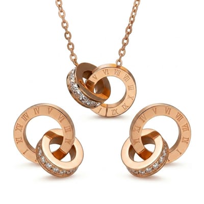 Roségoudkleurige ketting en oorbellen set voor dames met dubbele cirkel hanger