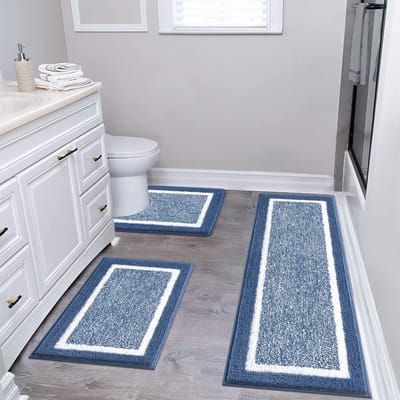 Badmat sets 3-delig wasbaar, microvezel antislip wasbaar bad en voetstuk mat sets waterabsorberende badkamer vloer tapijt douche tapijt, blauw