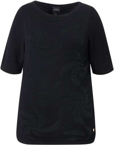 Ulla Popken - Dames - Trui bloemen boothals halve mouwen - Zwart - Maat 42+