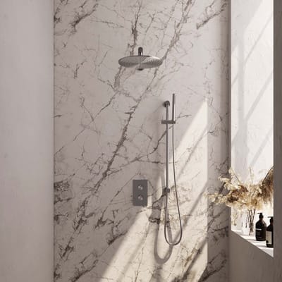 Brauer Brushed Carving thermostatische inbouw regendouche 3-weg omstelling SET 38 met 30 cm douchekop en rechte muurarm en staaf handdouche en doucheslang en geïntegreerde glijstang RVS geborsteld PVD