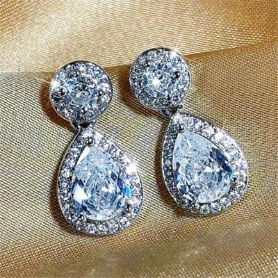 Prachtige Sterling Zilveren Hangende Oorbellen voor Vrouwen Glanzend Luxe Waterdruppel Kubieke Zirconia Mode Bruiloft Bruid Sieraden Cadeau gray
