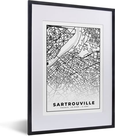 Fotolijst incl. Poster Zwart Wit- Stadskaart - Plattegrond - Sartrouville - Kaart - Frankrijk - Zwart wit - 30x40 cm - Posterlijst