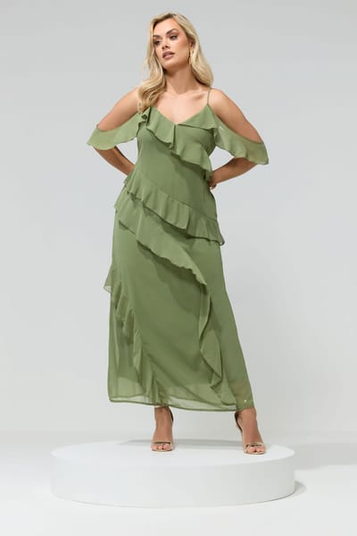 Yours London Maxi Jurk Met Ruches En Blote Schouders In Olijfgroen Size 44