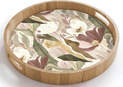 Dienblad rond 40x40 cm - Schootdienblad hout - Bloemen - Aquarel - Kleurrijk - Borrelplank rechthoek - Plateau houten dienbladen