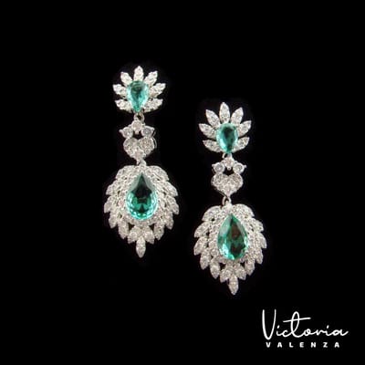 Victoria Valenza Monte Carlo Luxe Oorbellen Dames Messing Oorhangers Dames Oorringen - Groene Steen - Kleur Zilver - 1 Paar