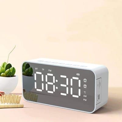 Bluetooth Speaker Radio Klok - Spiegel Geluid Wekker - Muziek Luisteren - Ingebouwde Microfoon - 12.2*5.8*3.5cm - Wit
