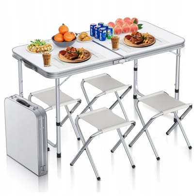 MOZY® - Inklapbare Kampeerset - Wit - 120 x 60 cm - Verstelbare Hoogte - Campingtafel met Stoelen - in Draagkoffer - Kampeermeubels