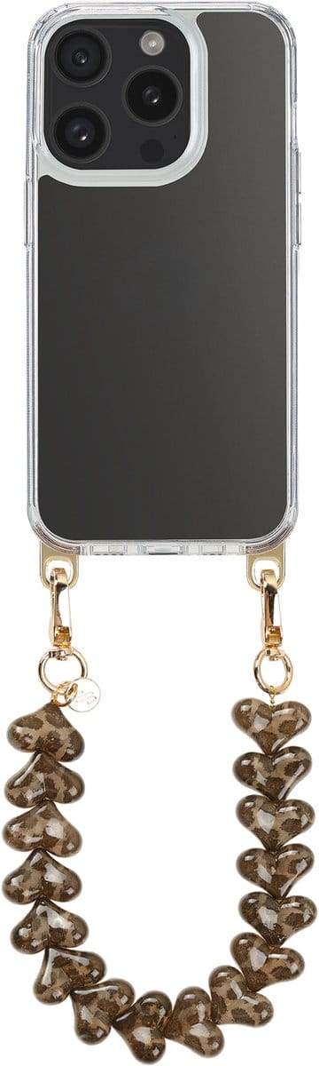 Selencia Transparant Hoesje met Haakjes inclusief Hartjes Polskoord - Geschikt voor Apple iPhone 15 Pro - Leopard