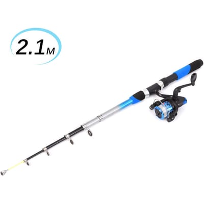 Combo Canne Moulinet Kit Complet avec 2 Canne à Pêche Télescopique 2,1 m 2 Moulinets Spinning Leurres Hameçons bleu