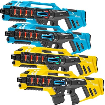 Light Battle Connect Lasergeweren - 4x Mega Blaster Blauw/Geel - Laserguns met unieke Anti-Cheat functie - Lasergame set