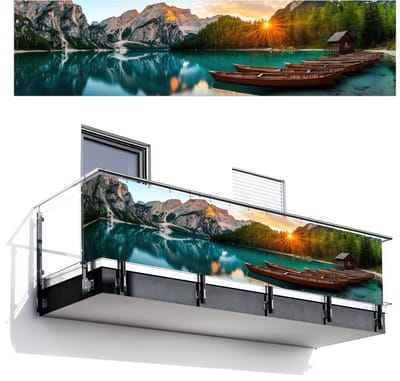 Balkonscherm 500x120 cm - Balkonposter Meer - Bergen - Zonsondergang - Boot - Balkon scherm decoratie - Balkonschermen - Balkondoek zonnescherm