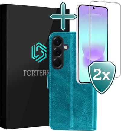Hoesje Met 2x Screenprotector - Geschikt voor Samsung Galaxy A37 - Luxe Pasjeshouder - Flip Case - Bookcase Portemonee - Kunstleer Book Case - Flipcase Hoes - Book Cover - Walletcase - Portemonneehoes - Turquoise