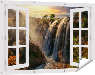 Gards Tuinposter Doorkijk Watervallen vanaf de Kliffen - 120x80 cm - Tuindoek - Tuindecoratie - Wanddecoratie buiten - Tuinschilderij