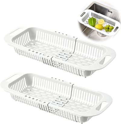 2-delige uitschuifbare gootsteenmandset - Afvoerrek voor de gootsteen - Opbergmand - Geschikt voor groenten, fruit en afwas - Verstelbare lengte 34,5-45 cm