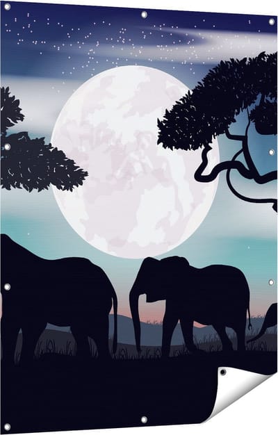 Gards Tuinposter Olifanten Silhouet tijdens Volle Maan - 90x120 cm - Tuindoek - Tuindecoratie - Wanddecoratie buiten - Tuinschilderij