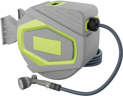 Froadp Tuinslanghaspel voor wandmontage 20 m met automatisch oprolsysteem, 10-functiesproeikop Grijsachtig geel